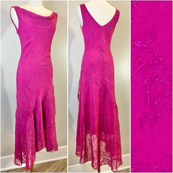 90s Y2K Asymmetrical Dress Hot Pink Sparkly Bias Cut Fairy Vintage 1990s XS - Picture 1 of 8